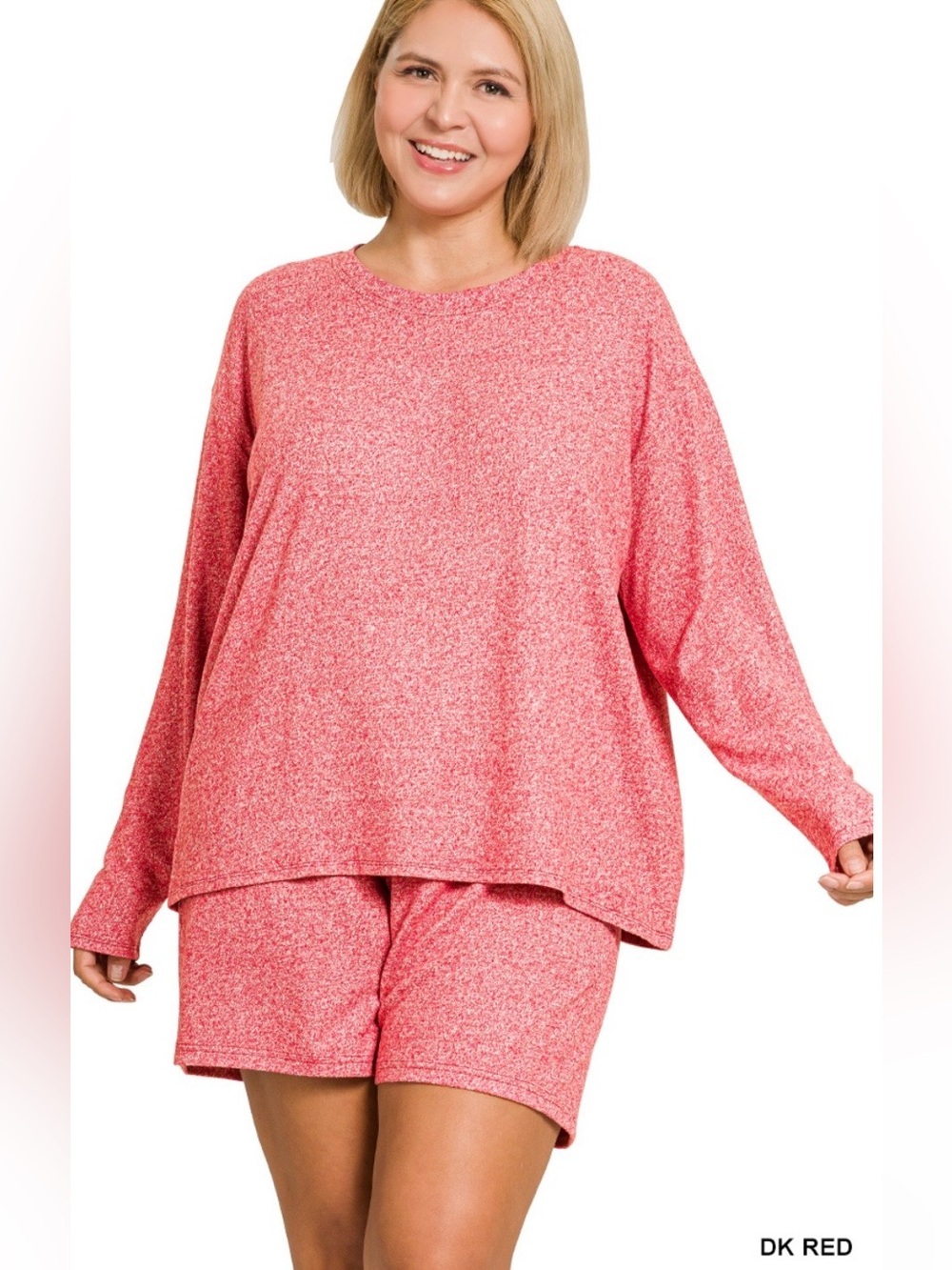 NEW! Plus Size Dark Red Plus soft melange long sleeve tee & shorts set Size 2X